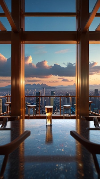 a glass of beer is on a bar in front of a city skyline