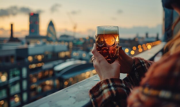 a glass of beer is held up to a persons hand