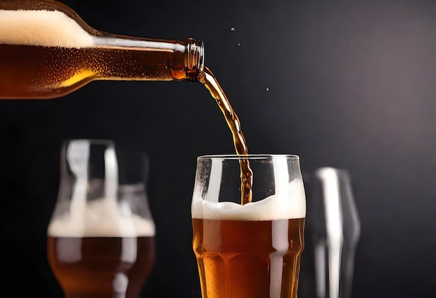 a glass of beer is poured into a glass