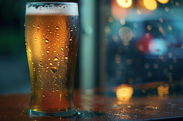 glass of beer is sitting on a wooden table