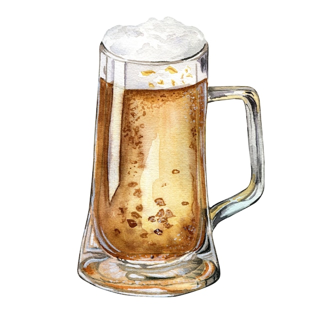 Glass of beer mug watercolor illustration isolated on white background