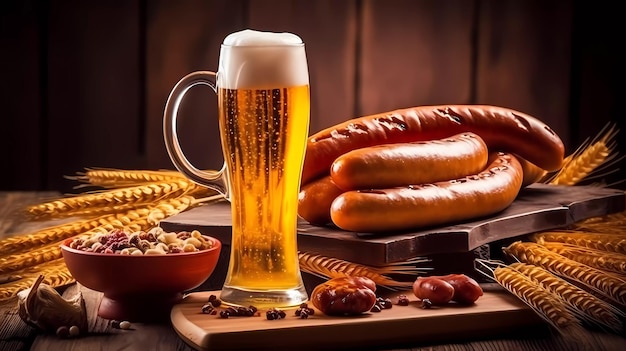 A glass of beer next to a pile of sausages.