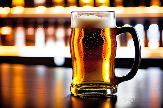 A glass of beer sits on a bar counter.