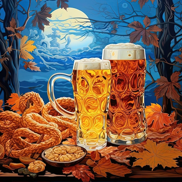 a glass of beer sits next to pretzels in the style of detailed background