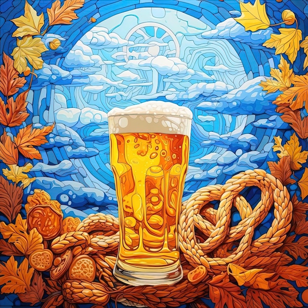 a glass of beer sits next to pretzels in the style of detailed background