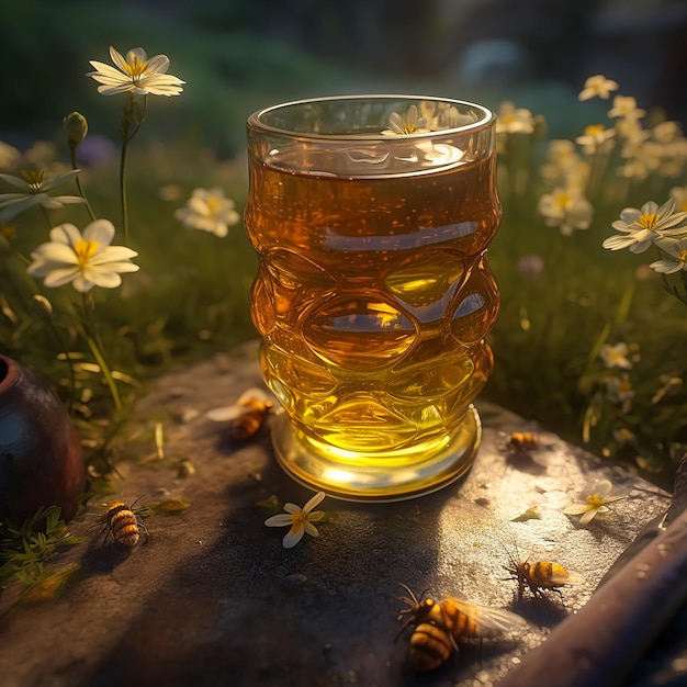 A glass of beer sits on a rock in front of a group of daisies.