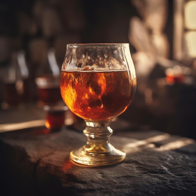 A glass of beer sits on a rock with the word beer on it.