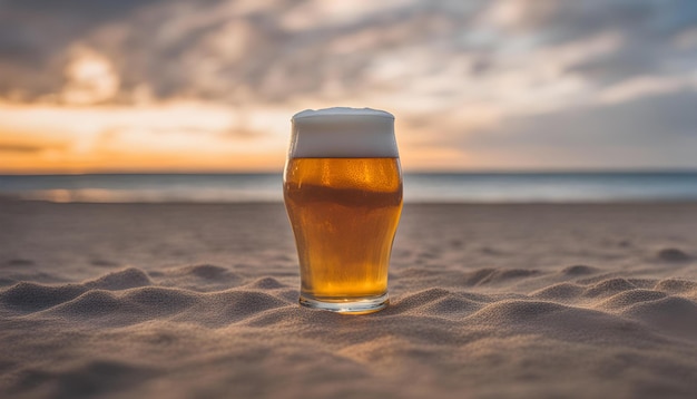 a glass of beer sits on the sand at sunset