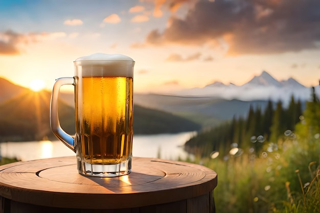 A glass of beer sits on a table in front of a mountain landscape.