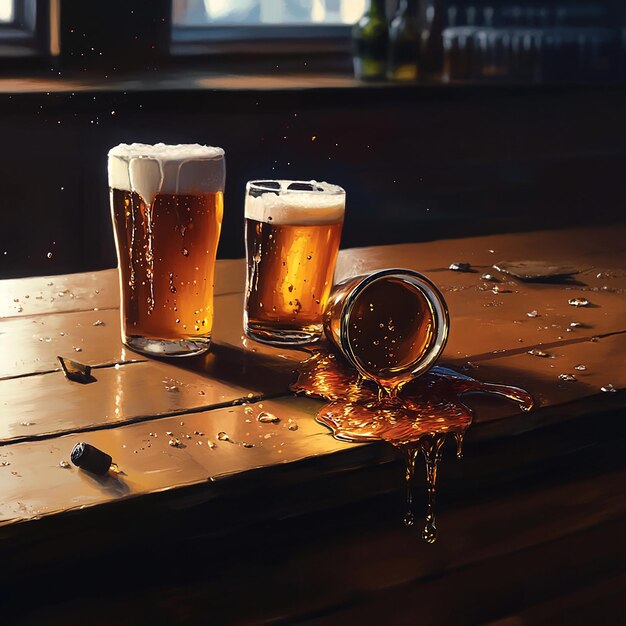 a glass of beer sits on a table with a broken bottle of beer