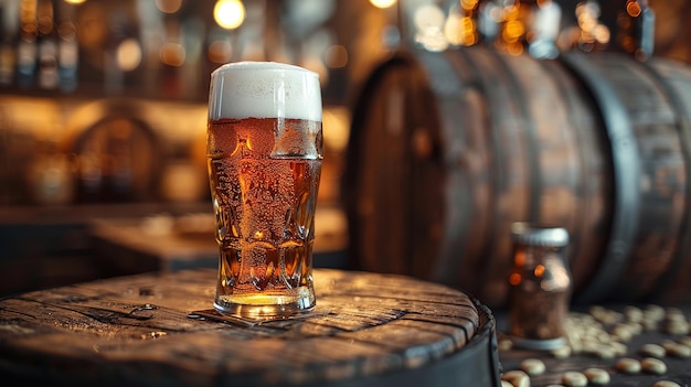 a glass of beer standing on a wooden barrel against the background of a basement