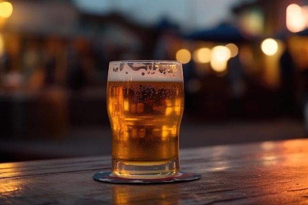 Glass of beer on a table in a bar on blurred bokeh background