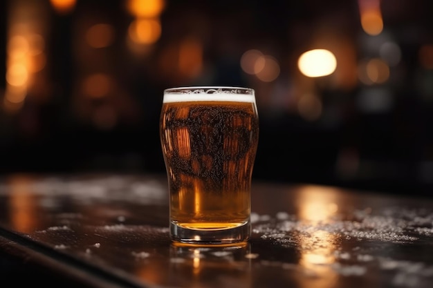 Glass of beer on a table in a bar on blurred bokeh background