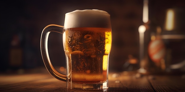 glass of beer on a table in a bar on blurred bokeh background