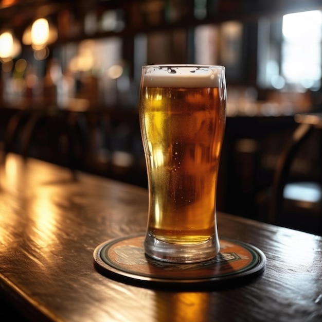 Glass of beer on the table in the bar