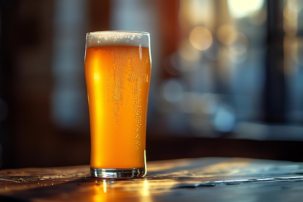 Glass of beer on a table in a pub shallow depth of field