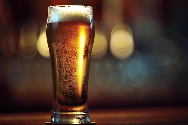 Glass of beer on a table in a pub with bokeh background