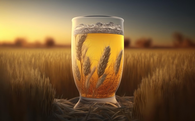 A glass of beer on a table in a wheat field. ai generated