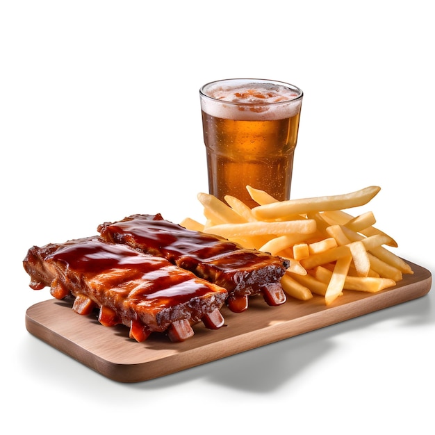 A glass of beer next to two ribs with bbq sauce on it.