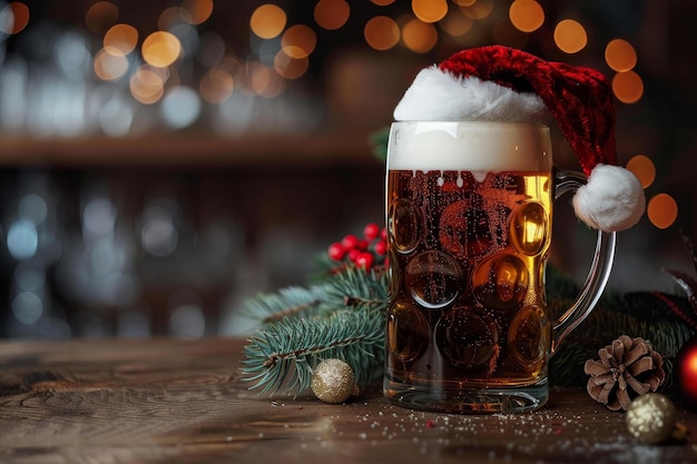 Glass of beer wearing santa hat on wooden table with christmas decorations