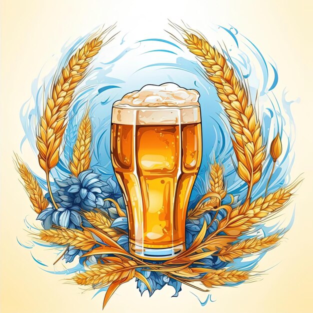 a glass of beer and wheat in the style of yellow and azure