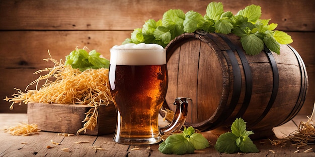 a glass of beer with a barrel of beer in the background