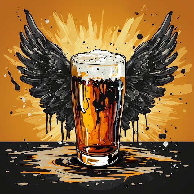 Glass of beer with black wings on orange background Generative AI