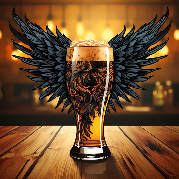 Glass of beer with black wings on wooden table Generative AI