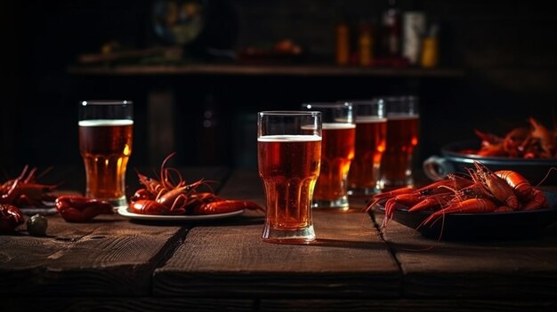 Glass of beer with boiled crayfish Generative Ai