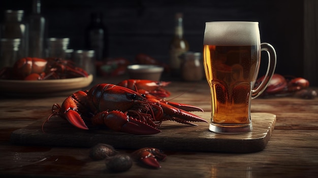 Glass of beer with boiled crayfish Generative Ai