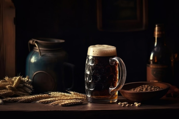 A glass of beer with a bottle of beer on a table