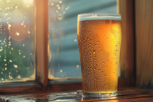 a glass of beer with the bubbles on the top