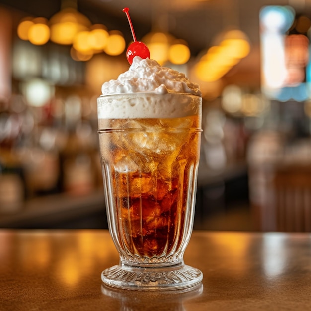 A glass of beer with a cherry on top sits on a bar counter.