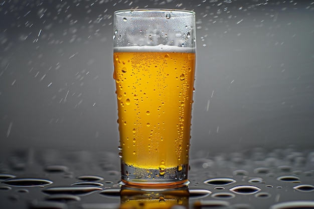 Glass of beer with drops of water on a dark background close up