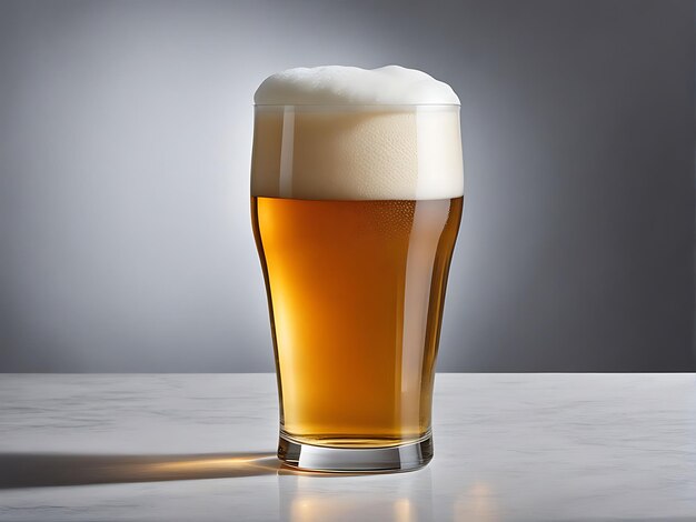 a glass of beer with foam on the top of it