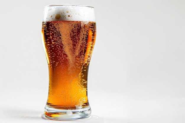 Glass of beer with foam on a white background closeup