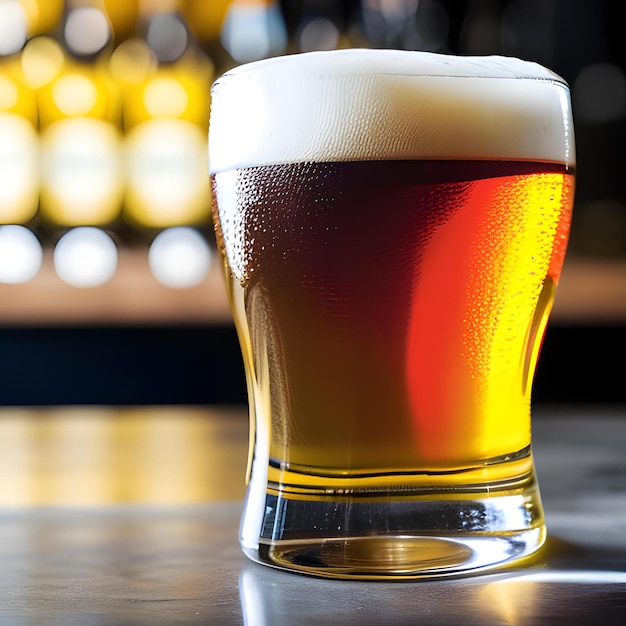 A glass of beer with a foamy head on it