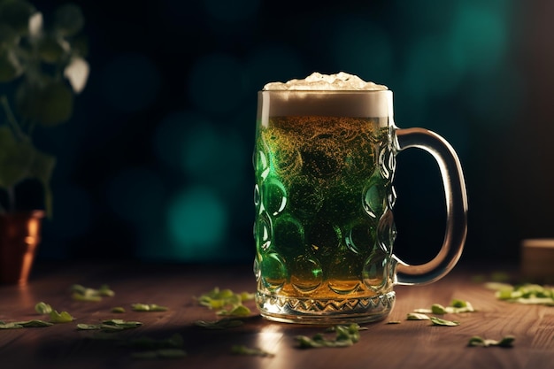 A glass of beer with green liquid on it