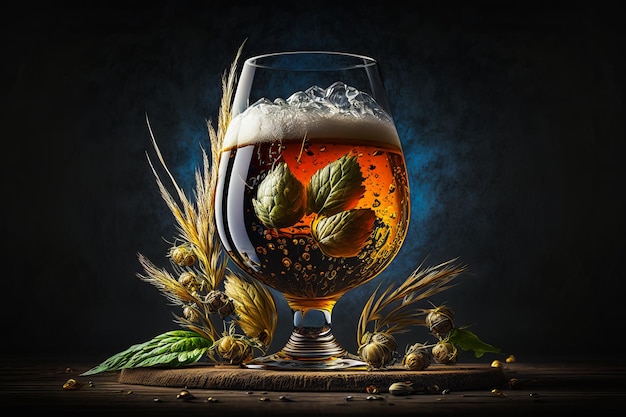 Glass of beer with hops and barley on wooden table Generative AI