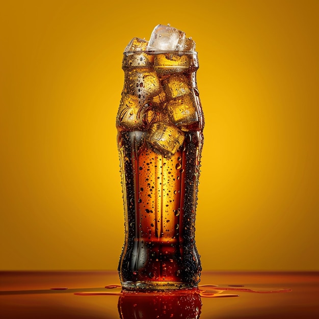 a glass of beer with ice and ice on a table