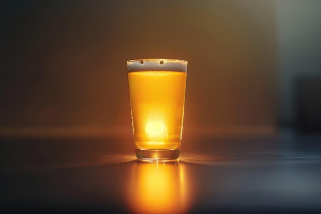 Photo a glass of beer with a light on it and a light reflection on the table