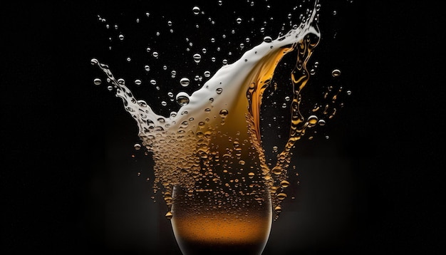 A glass of beer with a splash of liquid in it