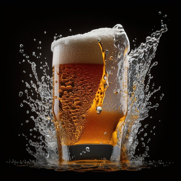 A glass of beer with splashes Generative AI