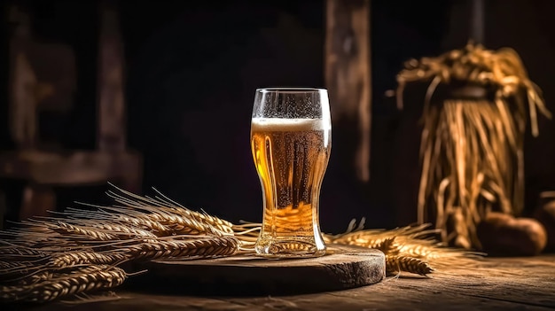 Glass of beer with wheat on wooden background ai generated