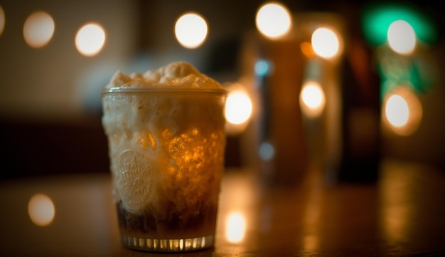 A glass of beer with a white foamy top sits on a bar counter.