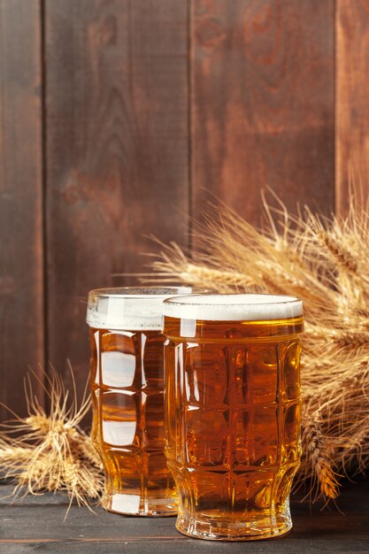 Glass beer on wood 