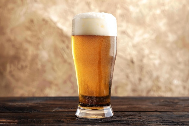 Glass of beer on a wooden table Closeup Beer background