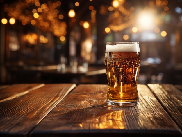 Glass of beer on wooden table in pub closeup