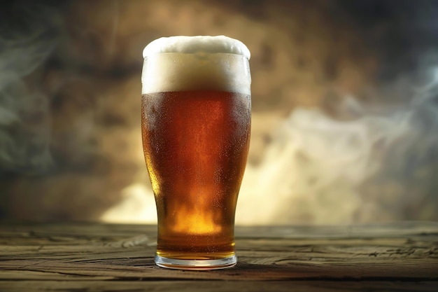 Glass of beer on a wooden table with smoke on a dark background