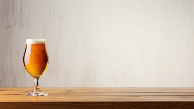 Glass of beer on wooden table over wooden wall background with copy space